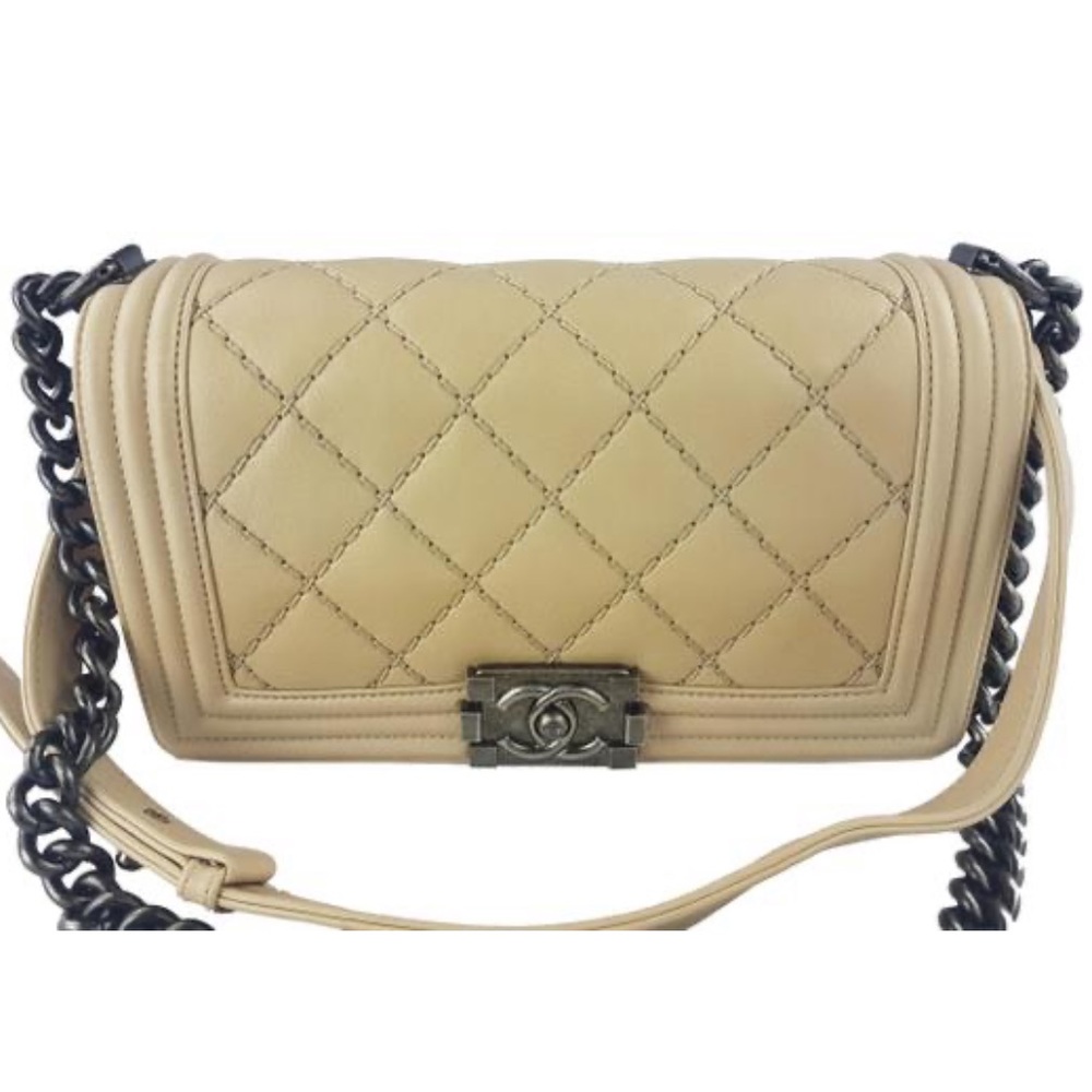 CHANEL Medium Beige Quilted Calfskin Leather Boy Bag